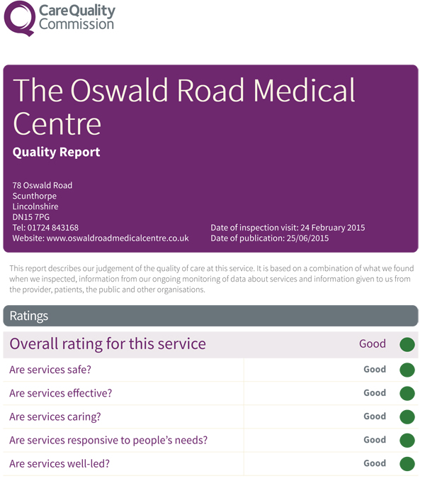 Example of the first page of the Oswald Road Medical Centre showing their overall rating as good